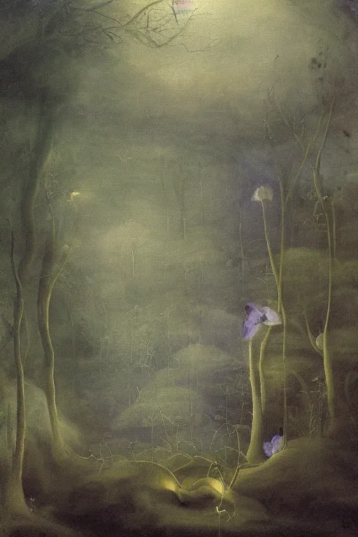 Prompt: moody painting of purple morning glory flowers vining and growing in a forest dimly lit at night. foggy volumetric darkness, muted colour palette oil painting on canvas henry fuseli