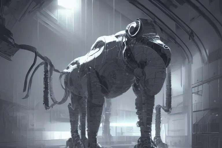 Image similar to robosaurus parallax datacenter server room interior single mono colossus white rusty robot sitting artstation cinematic detailed concept art volumetric light sharp coherent cgsociety symmetric perfect well balanced shadows lotr technogoddess