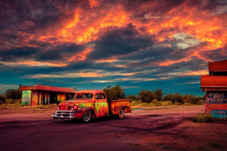 Image similar to a sunset light landscape with historical route 6 6, lots of sparkling details and sun ray ’ s, blinding backlight, smoke, volumetric lighting, colorful, octane, 3 5 mm, abandoned gas station, old rusty pickup - truck, beautiful epic colored reflections, very colorful heavenly, softlight