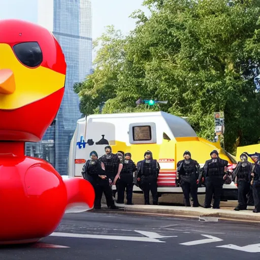 Prompt: giant duck shaped robot surrounded by police cars