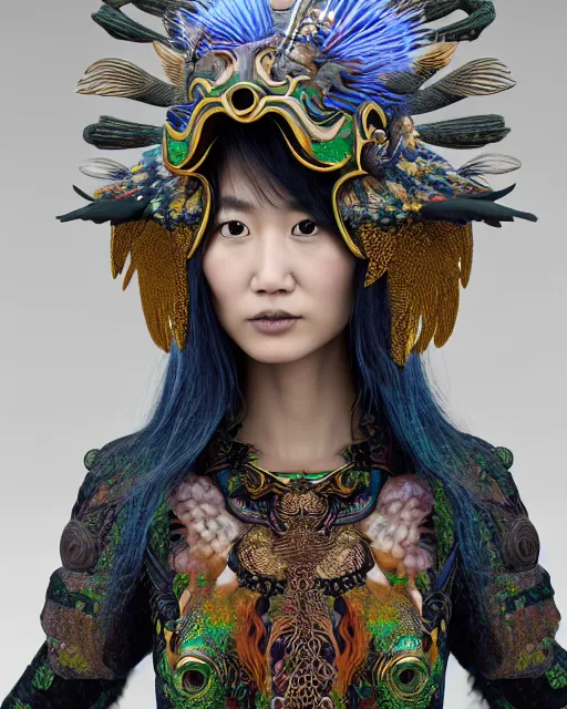 Prompt: mikami yua 3 d warrior goddess medium shot portrait. beautiful hyperrealistic intricate highly detailed magpie helm and richly embroidered blouse, quetzalcoatl, bioluminescent, curious, kintsugi, plasma, lava, ice, feather, artwork by tooth wu and wlop and chiara bautista, octane 3 d render