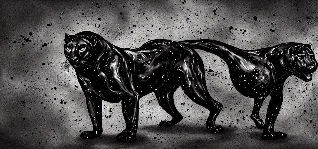 Prompt: the smooth panther, made of tar, sticky, full of tar, covered with tar, dripping tar, dripping tar, splattered tar, sticky tar. concept art, reflections, black goo, animal drawing, digital art, desktop background