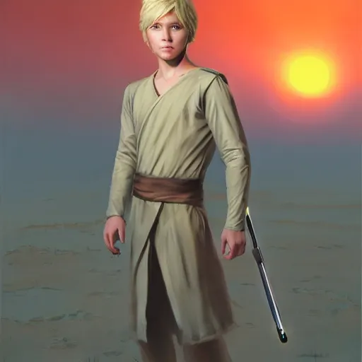 Image similar to a young blonde male jedi with short hair standing still looking at the sunset concept art by Doug Chiang cinematic, realistic painting, high definition, concept art, portait image, path tracing, serene landscape, high quality, highly detailed, 8K, soft colors, warm colors, turbulent sea, high coherence, anatomically correct, hyperrealistic, concept art, defined face, five fingers, symmetrical