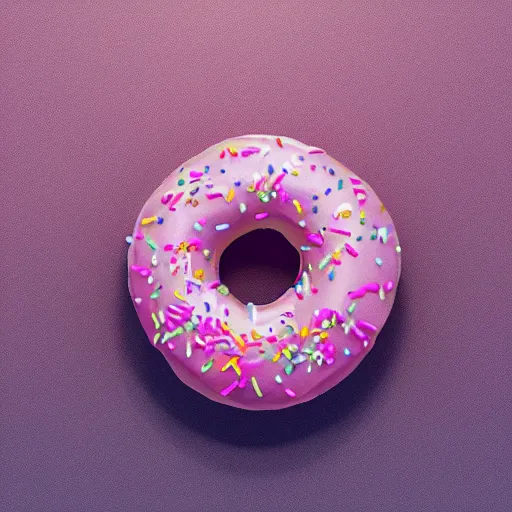 Image similar to 3 d render of realistic pink frosted donut with sprinkles, the donut has a bite taken out of it