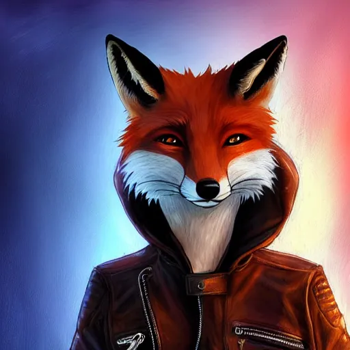 Image similar to A fox with a small head wearing a leather jacket and leather jeans and leather gloves, trending on FurAffinity, energetic, dynamic, digital art, highly detailed, FurAffinity, high quality, digital fantasy art, FurAffinity, favorite, character art