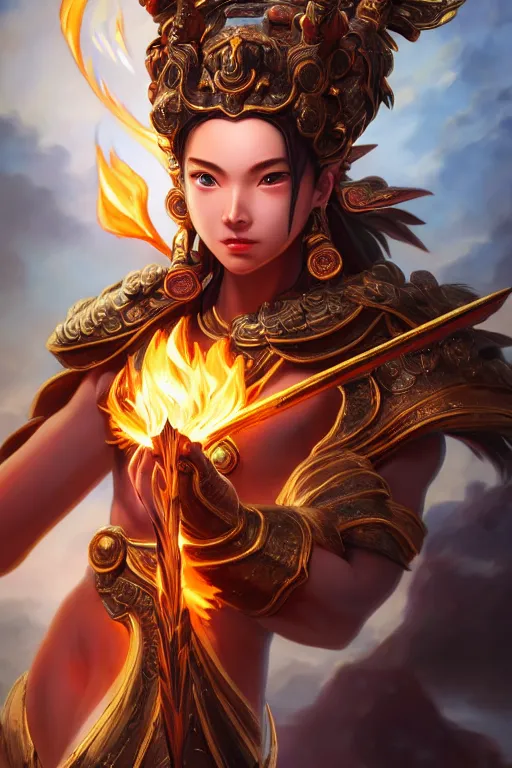 Image similar to a masterpiece portrait of nezha, legendary god holding spear and stand in flame, hero action pose, fantasy character portrait, closeup shot, hyper detailed, digital painting, 8 k realistic, trending on artstation, sharp focus, dof, by fenghua zhong, artgerm, ne zha from smite, tsuyoshi nagano, artgerm