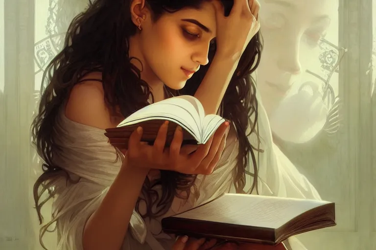 Image similar to sensual good looking pale young bengali girl with soulful eyes reading a novel, portrait, elegant, intricate, digital painting, artstation, concept art, smooth, sharp focus, illustration, art by artgerm and greg rutkowski and alphonse mucha