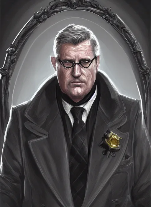 Image similar to a highly detailed illustration of 6 7 year - old clean - shaven chubby white man wearing black detective coat with necktie, heroic pose, strings background, intricate, elegant, highly detailed, centered, digital painting, artstation, concept art, smooth, sharp focus, league of legends concept art, wlop.