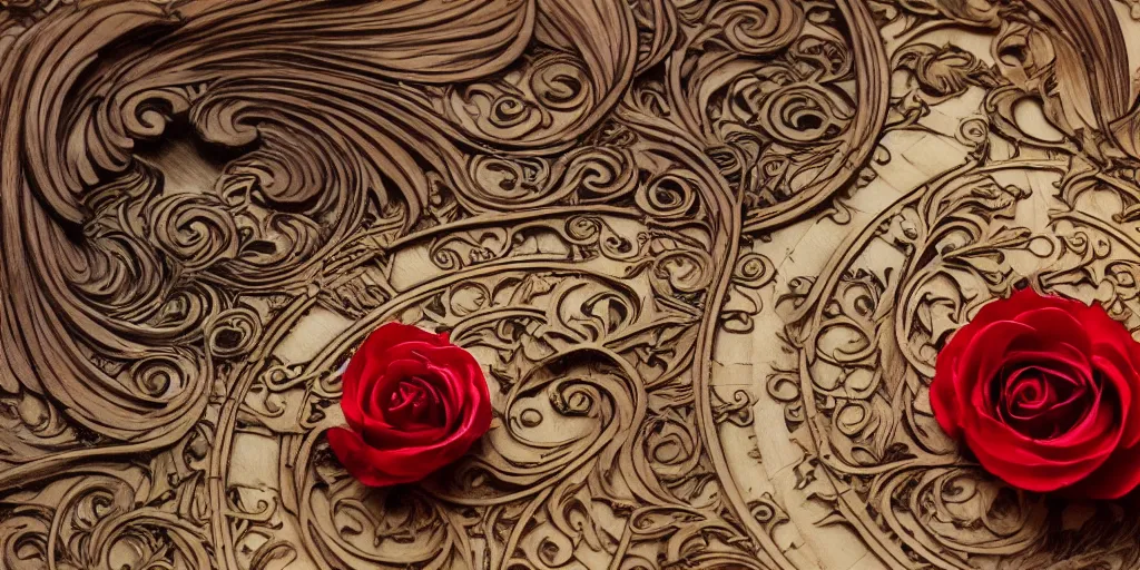 Image similar to an intricate seashell is carved into a wooden table, a single red rose petal rests on top, close up view, dramatic lighting, DOF, intricate artwork by alphonse mucha and Ruan Jia