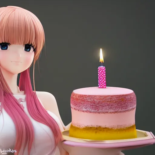 Image similar to Render of a beautiful 3d anime woman holding a birthday cake out to the camera, long light pink hair, full bangs, hazel eyes, cute freckles, full round face, soft smile, Chinese heritage, cute checkerboard sundress, golden hour, serene beach setting, medium shot, mid-shot, hyperdetailed, trending on Artstation, Unreal Engine 4k