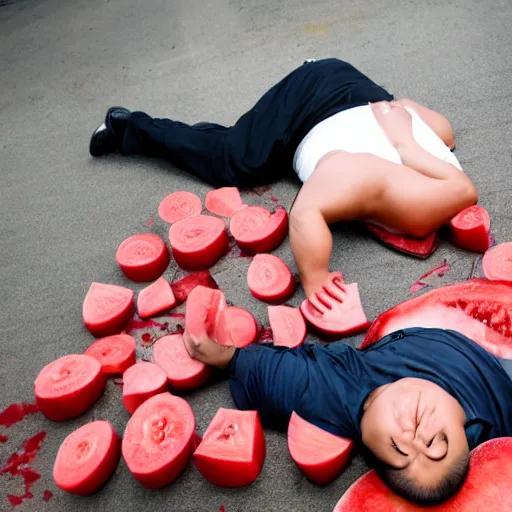 Image similar to a chinese fat guy lay on the ground with blood in a melon stall