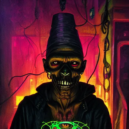 Image similar to a death tarot featuring a haitian voodoo priest with menacing eyes, blacklight neon colors, by anton semenov and android jones in cyberpunk voodoo style, oil on canvas, 8k