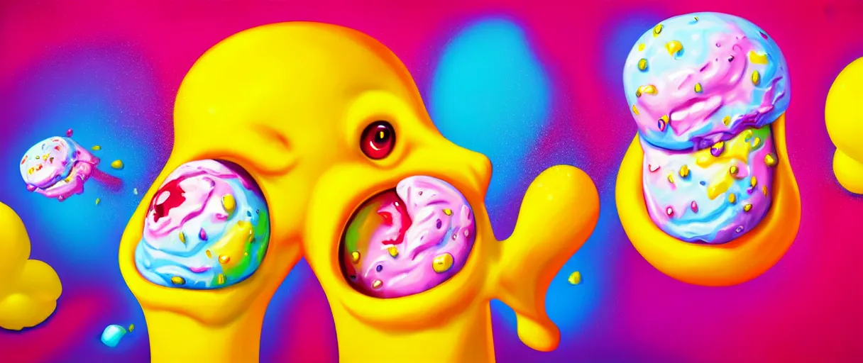 Image similar to hyperrealistic popart supercute melting! multicolored ice cream jason limon digital painting dramatic yellow lighting high angle hd 8k sharp shallow depth of field