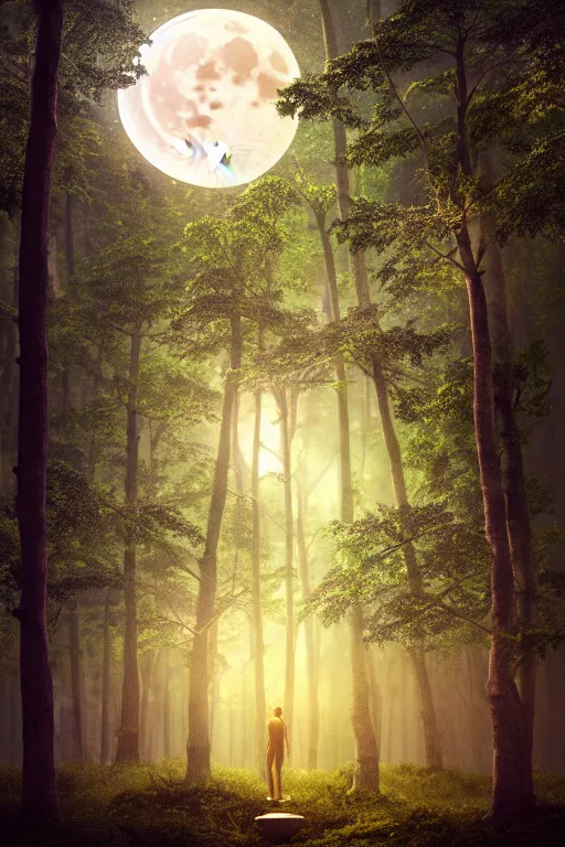 Prompt: high quality fantasy stock photo, unsplash transparent, forest and moon, intricate detail, elegant, hyper realistic, ultra detailed, octane render, volumetric cinematic lighting, 8 k post - production