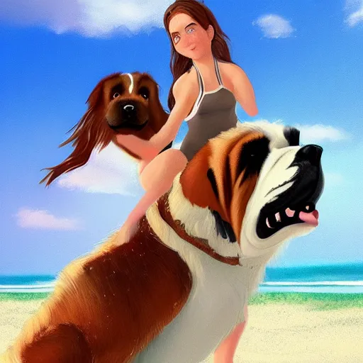 Image similar to girl riding a giant saint Bernard at the beach playing fetch, trending on artstation