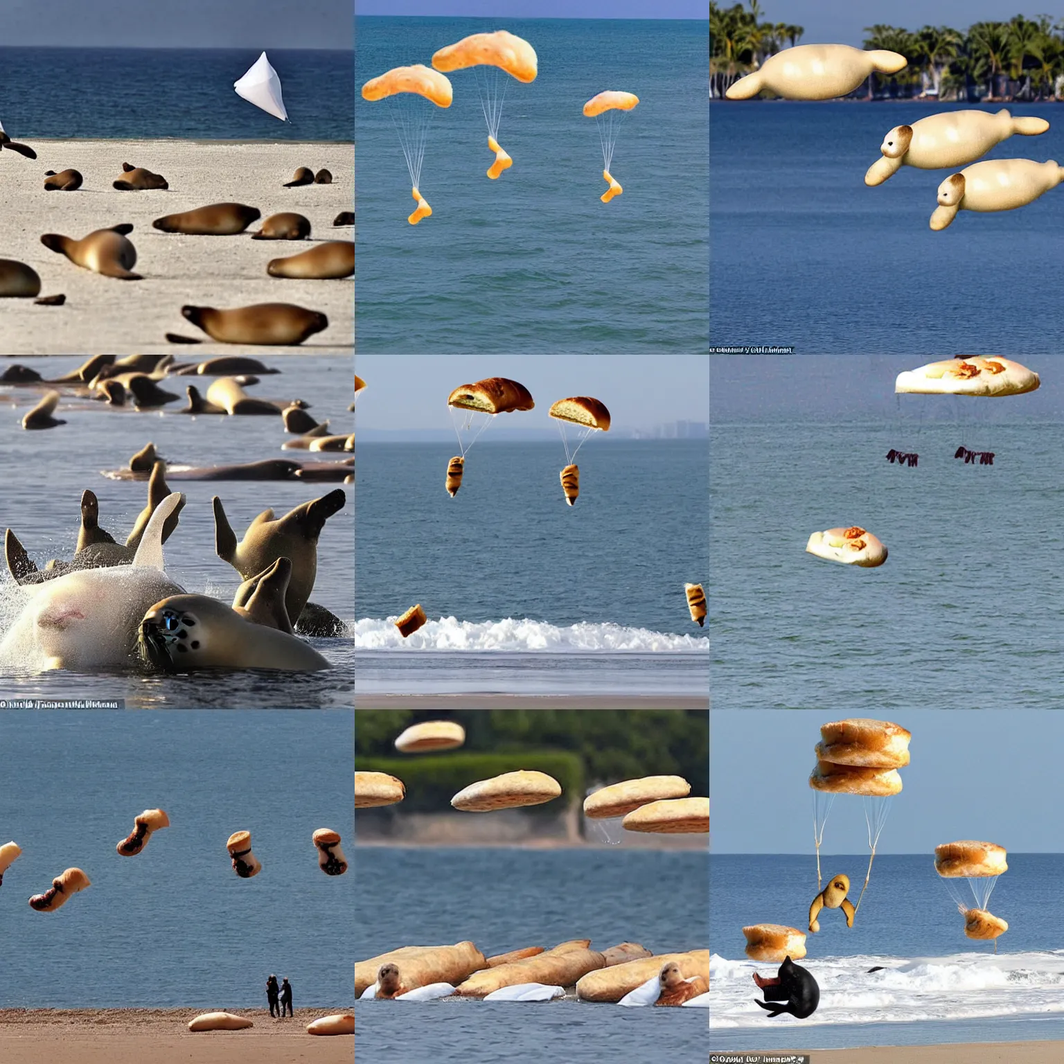 Prompt: action shot of baby seals disguised as loaves of bread parachuting down to mar - a - lago to seize nuclear documents