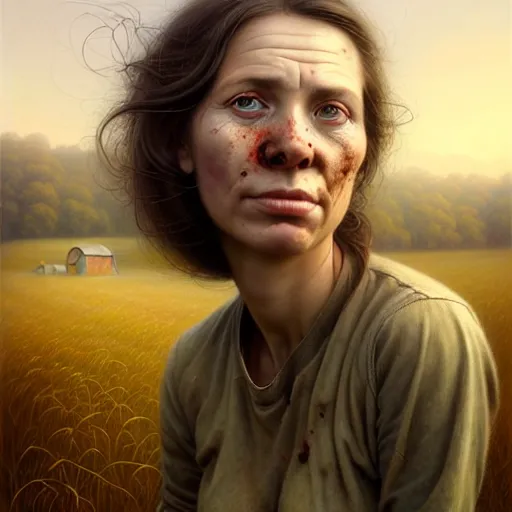 Image similar to full body portrait of a female farmer, untidy hair, highly detailed, dirty face, next to a red barn, digital painting, artstation, concept art, soft focus, depth of field, artgerm, tomasz alen kopera, peter mohrbacher, donato giancola, joseph christian leyendecker, wlop, boris vallejo