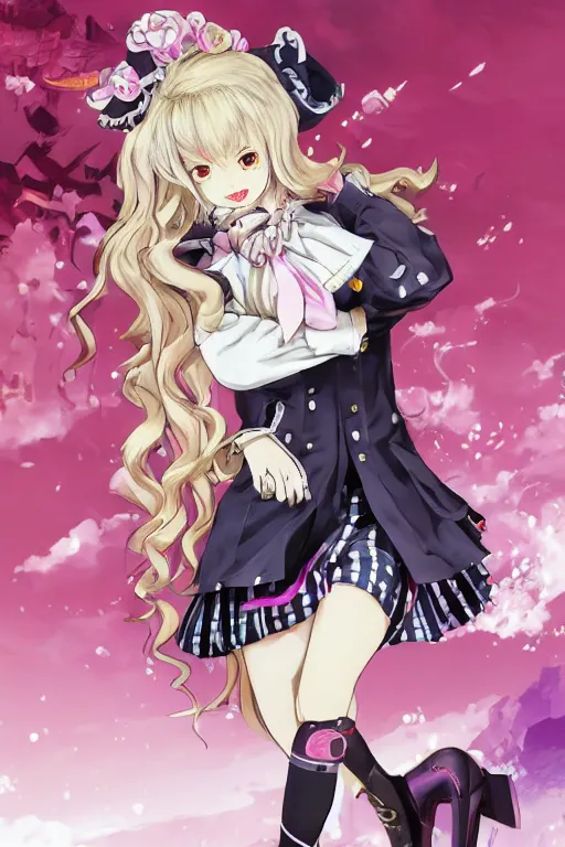 Image similar to junko enoshima, a gyaru model with long thick blonde pigtails, villainess, character design by Akihiko Yoshida in the style of Atelier Lulua, KyoAni, Granblue Fantasy, background art by Krenz Cushart in the style of Atelier Firis, Space Dandy, K-ON, illustration by Masamune Shirow in the style of Shining Resonance, Guilty Crown, Last Exile