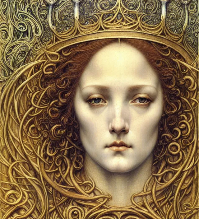 Image similar to detailed realistic beautiful young medieval queen face portrait by jean delville, gustave dore and marco mazzoni, art nouveau, symbolist, visionary, gothic, pre - raphaelite. horizontal symmetry