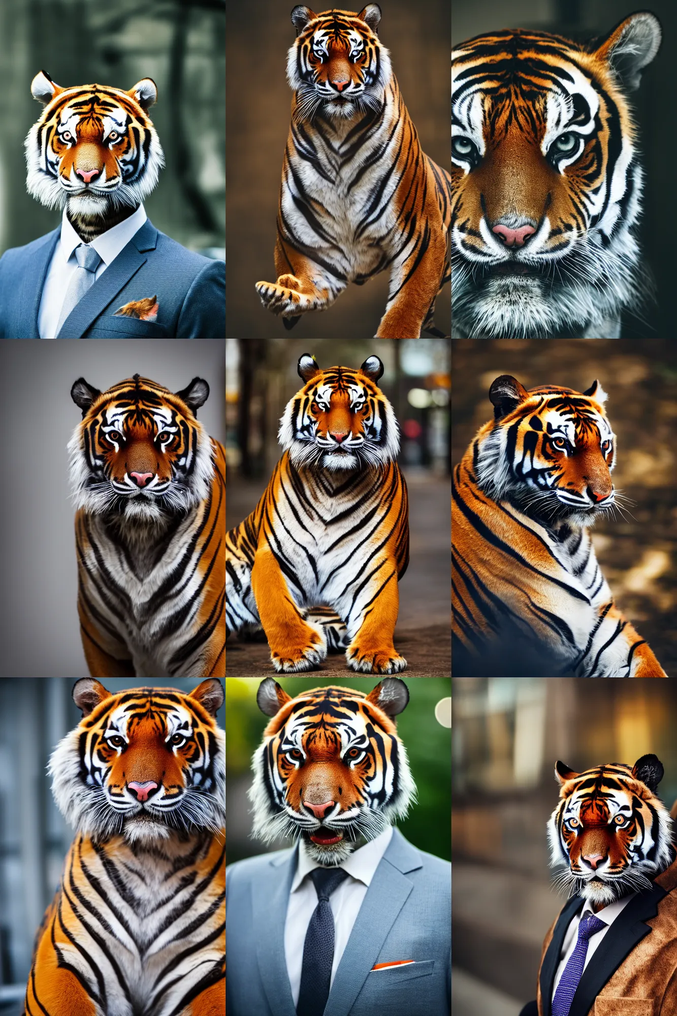 Prompt: high quality portrait photo of an industrialist tiger dressed in a dark business suit, Anthropomorphic portrait, photography 4k, f1.8 bokeh, 4k, 85mm lens, sharp eyes