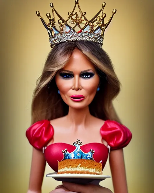 Image similar to closeup profile portrait of a tin toy melania trump as a fairytale princess wearing a crown and eating cakes, bikini, hyper realistic, artstation, illustration, nicoletta ceccoli, mark ryden, lostfish, max fleischer, digital paint, matte paint, vivid colors, bright, cheerful, detailed and intricate environment