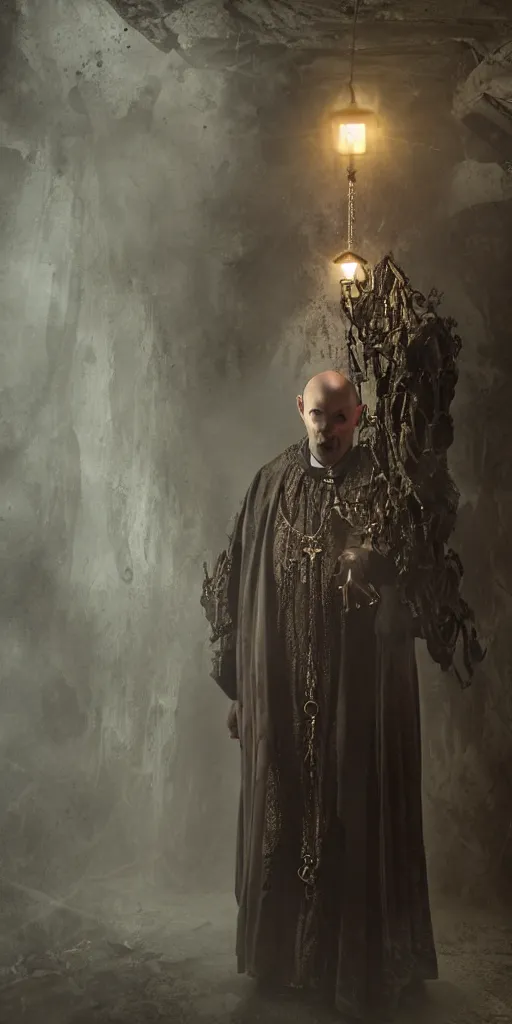 Image similar to a highly realistic and detailed full Priest standing in a dark dirty basement holding a rosary, wide angle 70mm lens, volumetric haze, front facing camera, symmetrical, photorealistic, insanely detailed and intricate, epic, hyper realistic, elegant, ornate, elite, horror, creepy, ominous, haunting, cinematic lighting, unreal engine, cinematic centered camera, high detail, no blur, unreal engine 8k