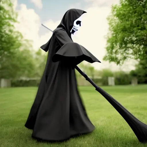 Prompt: photograph of the grim reaper in a maid outfit, 8k resolution, high detail, ULTRA REALISTIC VFX, reflections