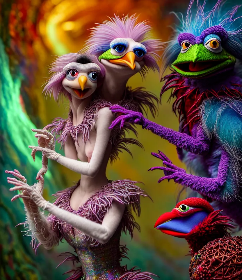 Image similar to hyper detailed 3d render like a Oil painting - kawaii portrait of hopeful lovers hugging tight or kissing pecking adorably Aurora (a beautiful girl skeksis muppet fae princess protective playful expressive acrobatic from dark crystal that looks like Anya Taylor-Joy) seen red carpet photoshoot in UVIVF posing in scaly dress to Eat of the Strangling network of yellowcake aerochrome and milky Fruit and His delicate Hands hold of gossamer polyp blossoms bring iridescent fungal flowers whose spores black the foolish stars by Jacek Yerka, Ilya Kuvshinov, Mariusz Lewandowski, Houdini algorithmic generative render, golen ratio, Abstract brush strokes, Masterpiece, Edward Hopper and James Gilleard, Zdzislaw Beksinski, Mark Ryden, Wolfgang Lettl, hints of Yayoi Kasuma and Dr. Seuss, Grant Wood, octane render, 8k