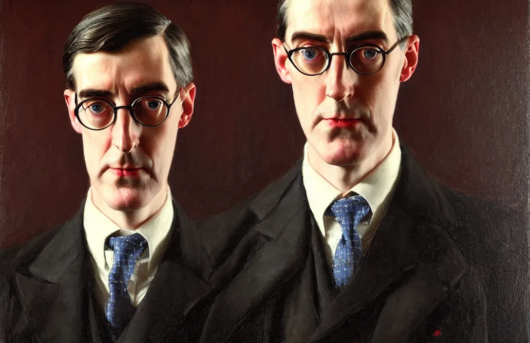 Image similar to portrait of jacob rees - mogg!!!!!!!!!!!!!!!!!!!!!!!!!!!, detailed face, detailed painting,, epic lighting, by ilya repin, phil hale and kent williams