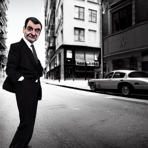 Image similar to mr. bean on the street, black and white color aesthetic, highly detailed, photorealistic portrait, bright studio setting, studio lighting, crisp quality and light reflections, unreal engine 5 quality render