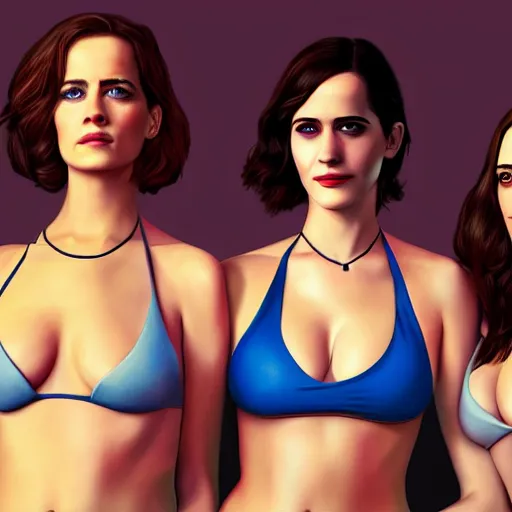 Image similar to highly detailed painting of eva green, emma watson and jennifer lawrence wearing a bikini standing close together, gta 5 cover art style, 8 k, radiant light, detailed and intricate environment, trending on artstation