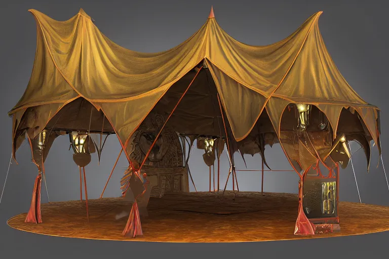 Prompt: 3d sculpt of a huge dark fantasy gothic circus tent, artstaton, digital illustration