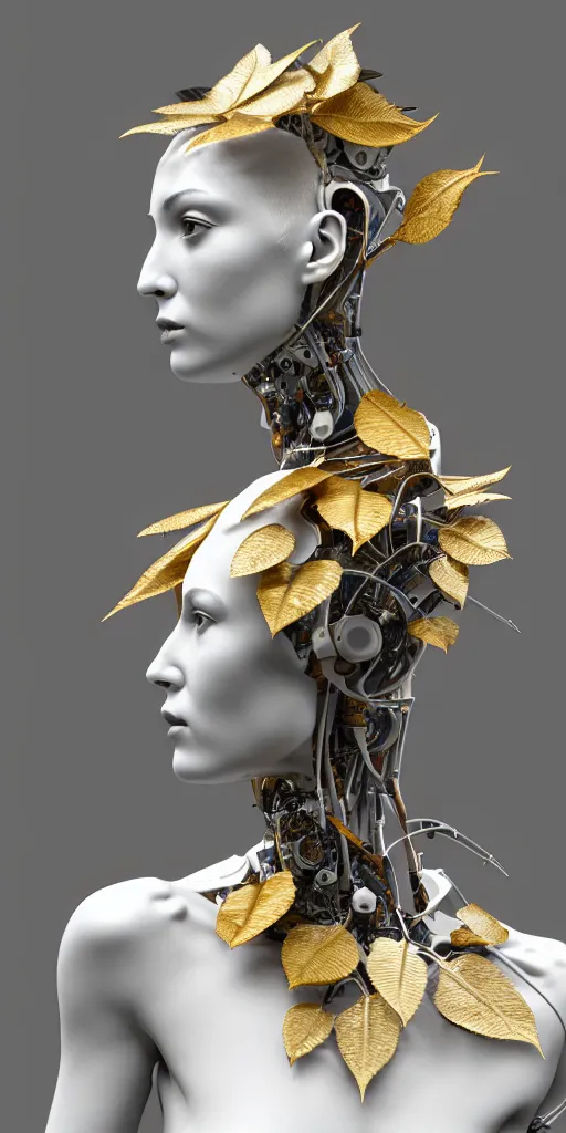 Prompt: complex 3d render ultra detailed of a beautiful porcelain profile woman face, mechanical vegetal cyborg, robotic parts, 150 mm, beautiful studio soft light, 3 point lighting, spot light, rim light, silver gold red details, luxurious, high tech gadget, cyberpunk, magnolia big filigran leaves and stems, roots, Alexander Mcqueen haute couture, fine foliage lace, lumiol, mesh wire, filigran metallic intricate details, hyperrealistic, mandelbrot fractal, anatomical, silver metal armor, facial muscles, cable electric wires, microchip, elegant, beautiful background, beautiful white teeth, octane render, H.R. Giger style, 8k