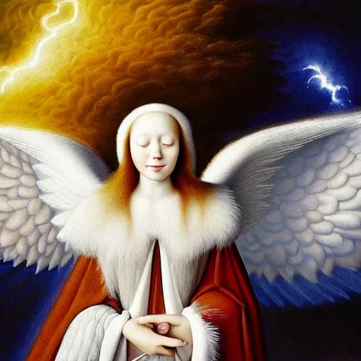 Prompt: highdetailed hyperrealistic painting of white angel!!! no gender!!!, giant ball of miracle light from the chest!!!!!, 4 k hd fur face!!!, big wings, by jan van eyck, holography space, white sparkles everywhere, thin strokes, white monochrome color!!!!!