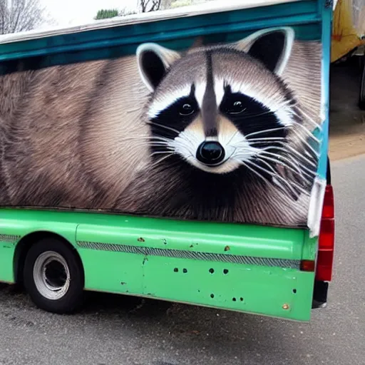 Prompt: raccoon graffiti on back of truck,