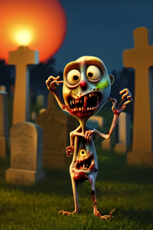 Image similar to a funny zombie character with big eyes holding a cup of coffee on a cemetery at night. pixar disney 4 k 3 d render movie oscar winning trending on artstation and behance. ratatouille style.