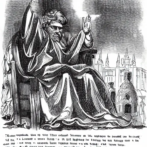 Prompt: the lord sitting upon a throne, high and lifted up, and his train filled the temple. above it stood the seraphims : each one had six wings ; with twain he covered his face, and with twain he covered his feet, and with twain he did fly.