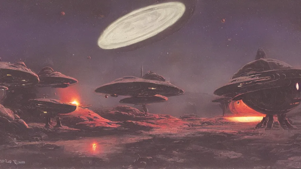 Image similar to eerie atmospheric alien planet with a small dropship pod landing by paul lehr and jack gaughan and john schoenherr, epic cinematic matte painting