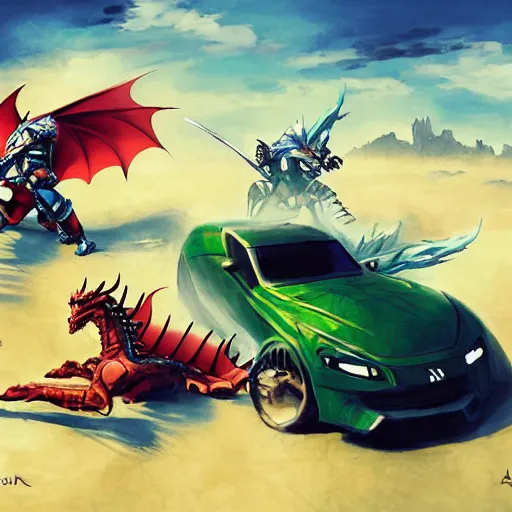 Image similar to dragon fight vs blue armor knight, green car, desert landscape, greg manchess, akehiko inoue and ross tran