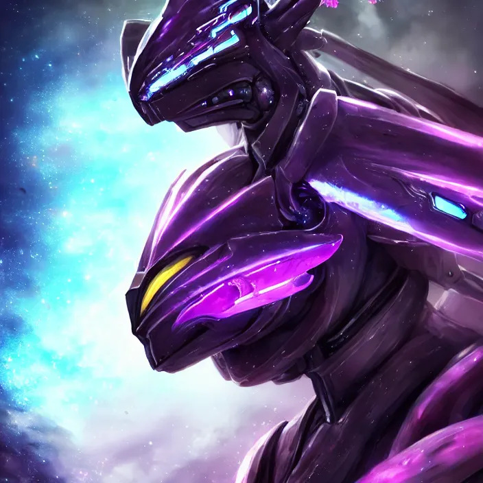 Image similar to cinematic close shot, cosmic sized proportional stunning beautiful hot female warframe, detailed robot mecha female dragon head, metal ears purple eyes, sleek silver armor, fuschia skin, floating in empty space, nebula sized, posing elegantly, epic proportions, epic size, epic scale, furry art, dragon art, giantess art, warframe fanart, furaffinity, deviantart