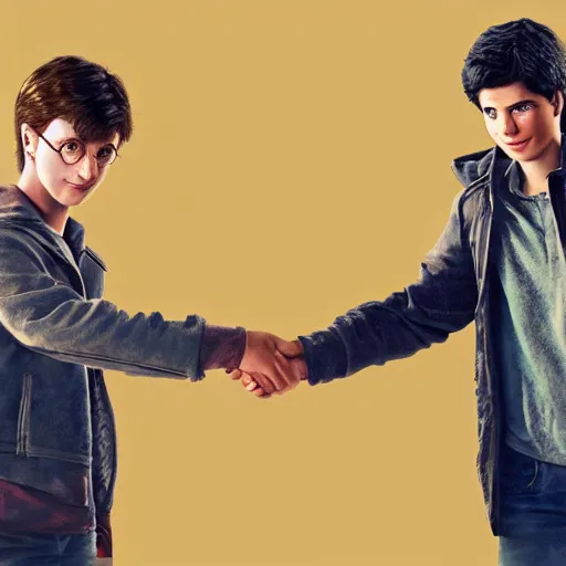 Image similar to Harry Potter and Percy Jackson shaking hands, digital art, art station, high quality, beautiful render, aesthetic