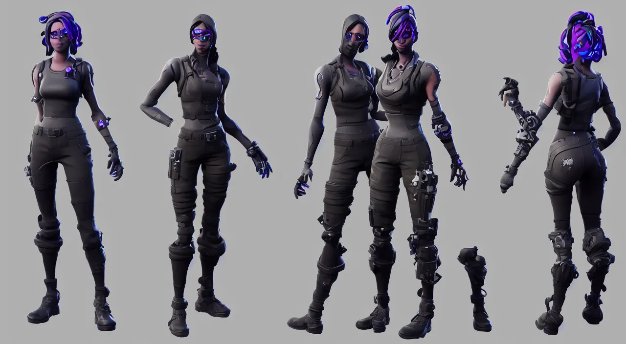 Prompt: fortnite skin models cyberpunk style concept art skin model,accurate face model beautiful, accurate body proportion, 3d models