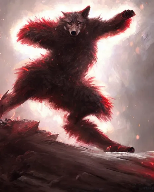 Image similar to oil painting of Angry Anthropomorphized Wolf Berserker, wearing red fur, claws, sharp focus, attack pose, fantasy style, octane render, volumetric lighting, 8k high definition, by greg rutkowski, highly detailed, trending on art Station, magic the gathering artwork, burning Battlefield background, centered