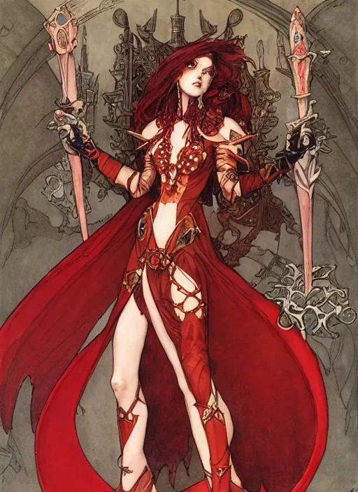 Prompt: drawing of a beautiful vampire woman, armor plates, full armor, red dress, by marc simonetti and brian froud and mike mignola and alfons maria mucha and peter mohrbacher, hyperdetailed