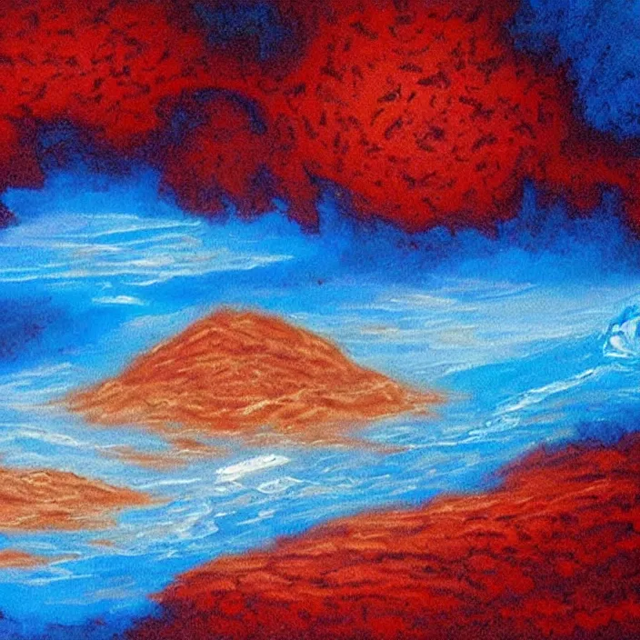 Image similar to a alien planet with a red ocean and blue sand and rocks at sunrise, bob ross painting, high coherence, highly detailed, high quality, masterpiece, award - winner, hyperrealistic