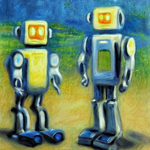 Image similar to two robots discussing humans, impressionist painting