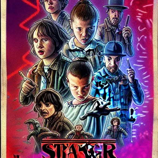Prompt: poster of the cast of stranger things as dogs