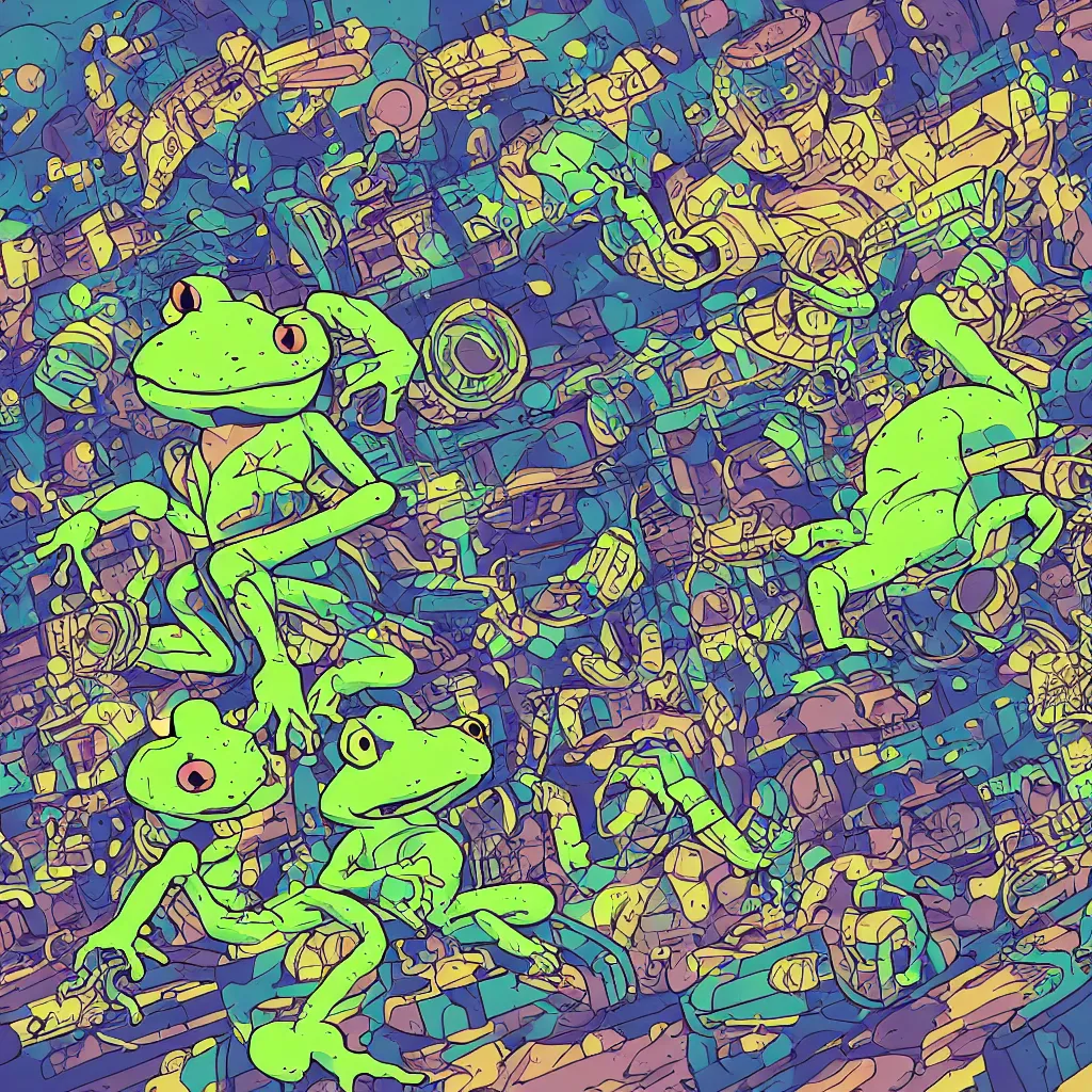 Image similar to toads, deconstructed amphibian, ryuta ueda artwork, breakcore, style of jet set radio, y 2 k, gloom, space, cel - shaded art style, indigo rainbow, data, minimal, code, cybernetic, dark, eerie, cyber