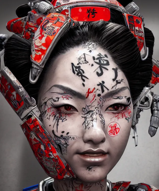 Prompt: an epic fantastic realism comic book style portrait painting of a japanese robotic geisha with kanji tattoos and decals, apex legends, octane render, intricate detail, 4 k hd,