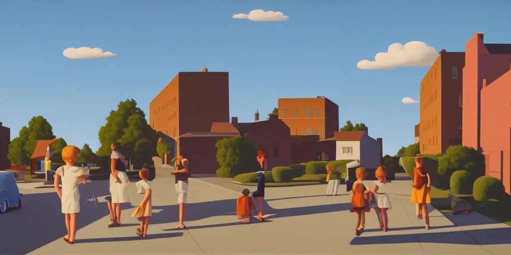 Image similar to quiet kids in the street, blue sky, summer evening, kenton nelson